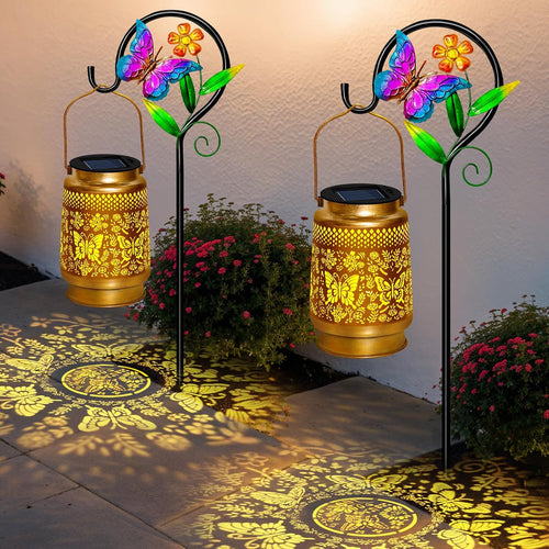 2 Packs Butterfly Solar Lanterns Outdoor Waterproof with Shepherd Hook | Butterfly Garden Decor,Christmas Birthday Gifts for Women Mom,Hanging Solar Lights Decorative for Patio,Porch