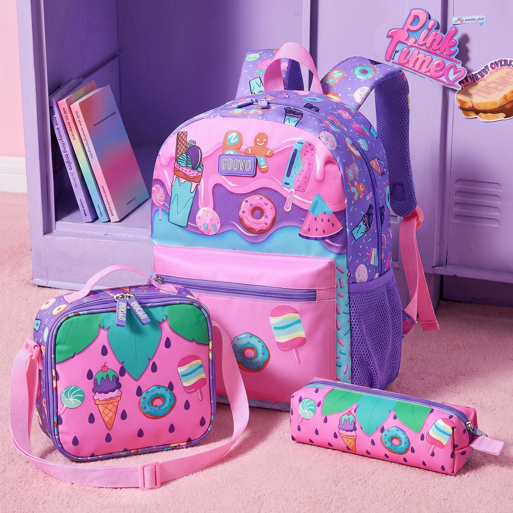 Kids Backpack for Girls, Waterproof Teens Bookbag Cute School Backpacks, Students Bookbag Set with Lunch Box(Donut)