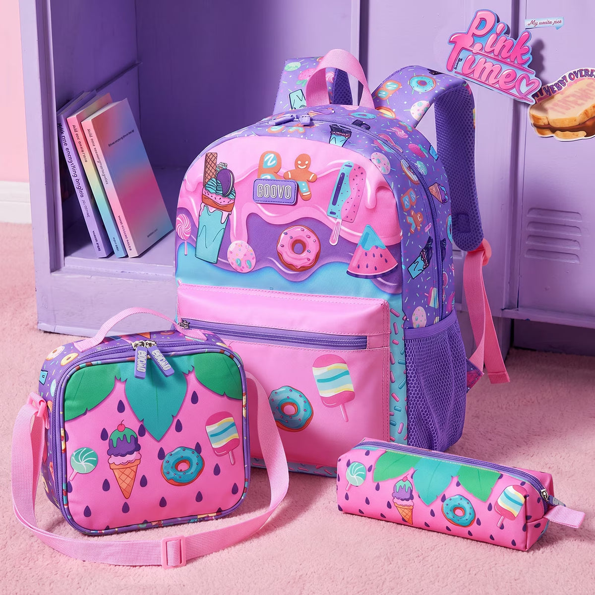 Kids Backpack for Girls, Waterproof Teens Bookbag Cute School Backpacks, Students Bookbag Set with Lunch Box(Donut)
