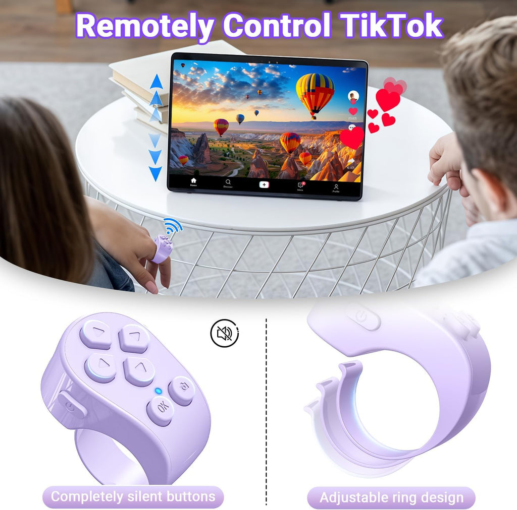 Tiktok Scrolling Ring Remote Control, Page Turner for Ipad Iphone Tablets | Wireless Camera Remote, Bluetooth Scrolling Ring for Tiktok Youtube Instagram Ios Android, Ergonomic Flexible Ring (Purple)