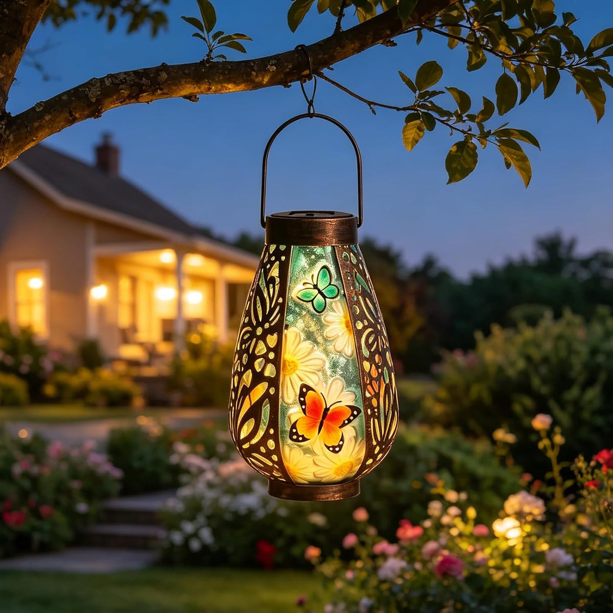 Butterfly Solar Lantern Outdoor Waterproof Hanging Garden Lights | Butterfly Artwork, Warm Glow with Floral Shadows, Solar Powered, Weather-Resistant Hanging Decor for Patio Garden and Yard