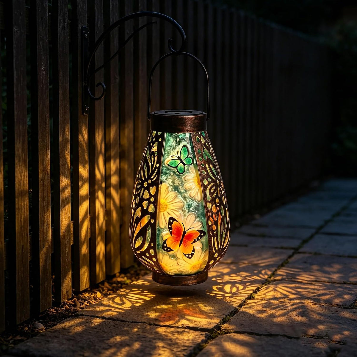 Butterfly Solar Lantern Outdoor Waterproof Hanging Garden Lights | Butterfly Artwork, Warm Glow with Floral Shadows, Solar Powered, Weather-Resistant Hanging Decor for Patio Garden and Yard