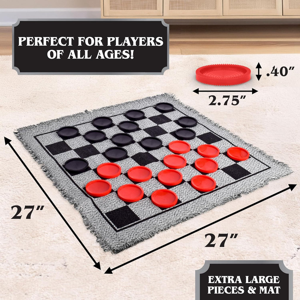 Giant Checkers Set - 3-In-1 with Reversible Mat - Ages 6+ | 28 in Play Surface, 25 Jumbo Pieces, Plastic Construction, Includes Storage Bag, 2 Player Game, 26 X 26 in Board