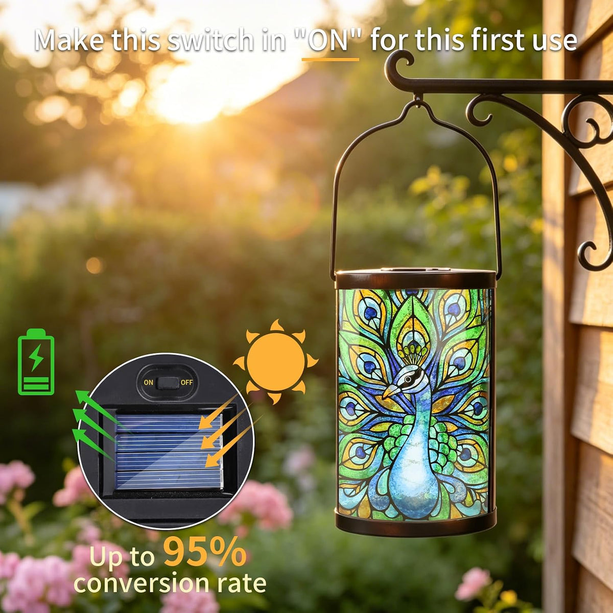 Peacock Glass Solar Lantern Waterproof Outdoor Hanging Garden Light | Raised Peacock Artwork, Colorful Fused Glass, Warm Dusk Glow, Solar Auto On/Off, Hangs or Stands on Patio, Porch and Garden