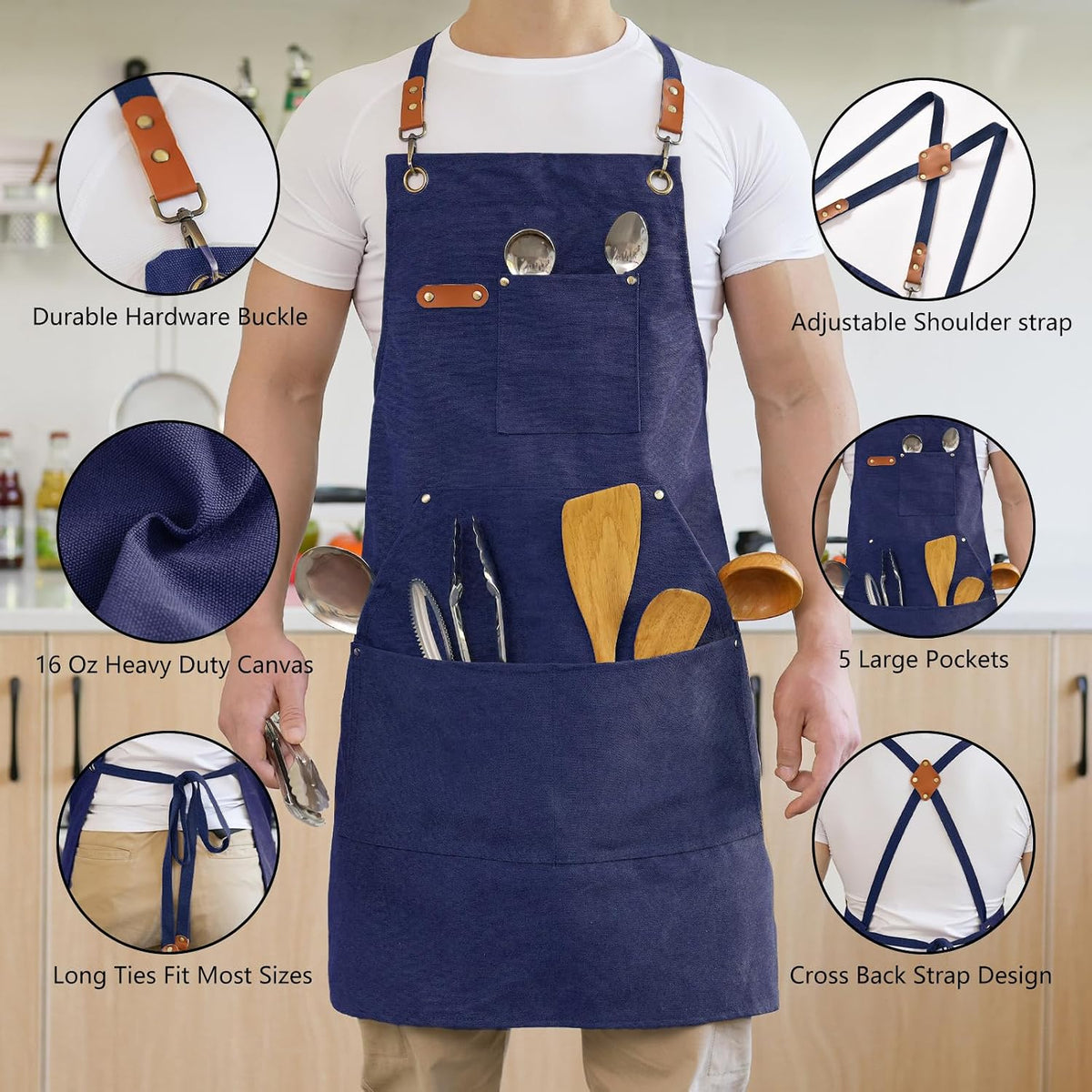 Canvas Aprons for Men Women, Heavy Duty BBQ Apron with Pockets | 100% Cotton Canvas, 16Oz Adjustable Cross Back Apron with Hardware Buckle, 32" X 27" Full Coverage, for Kitchen Grilling