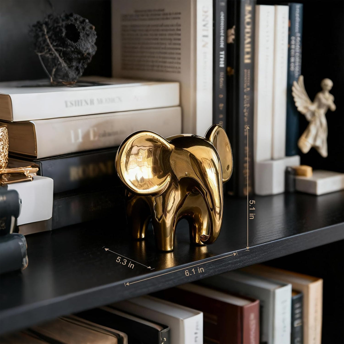 Elephant Figurine, Ceramic Elephant Statue with Metallic Mirror Finish, Modern Shelf & Table Decor, Good Luck Housewarming Gift for Living Room or Office (Female, Gold)