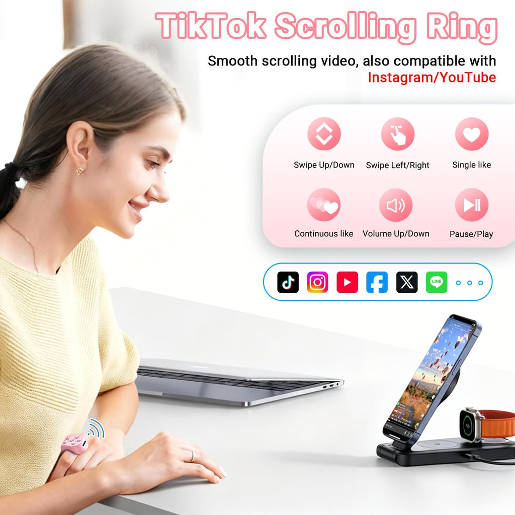 Tiktok Scrolling Ring Remote Control, Page Turner for Ipad Iphone Tablets | Wireless Camera Remote, Bluetooth Scrolling Ring for Tiktok Youtube Instagram Ios Android, Ergonomic Flexible Ring (Pink)
