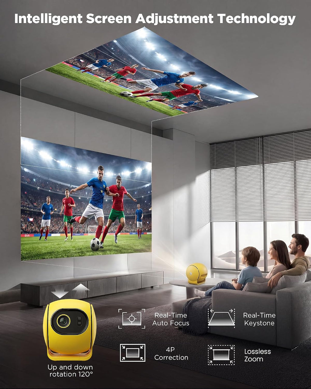 [ Ultra Short Throw & Built-In Apps ] Android 14 Smart Projector with Wifi and Bluetooth, USB-C Powered, 1080P FHD HDR10, Auto Focus/Keystone,  Mini Portable Projector for Bedroom/Outdoor, Yellow