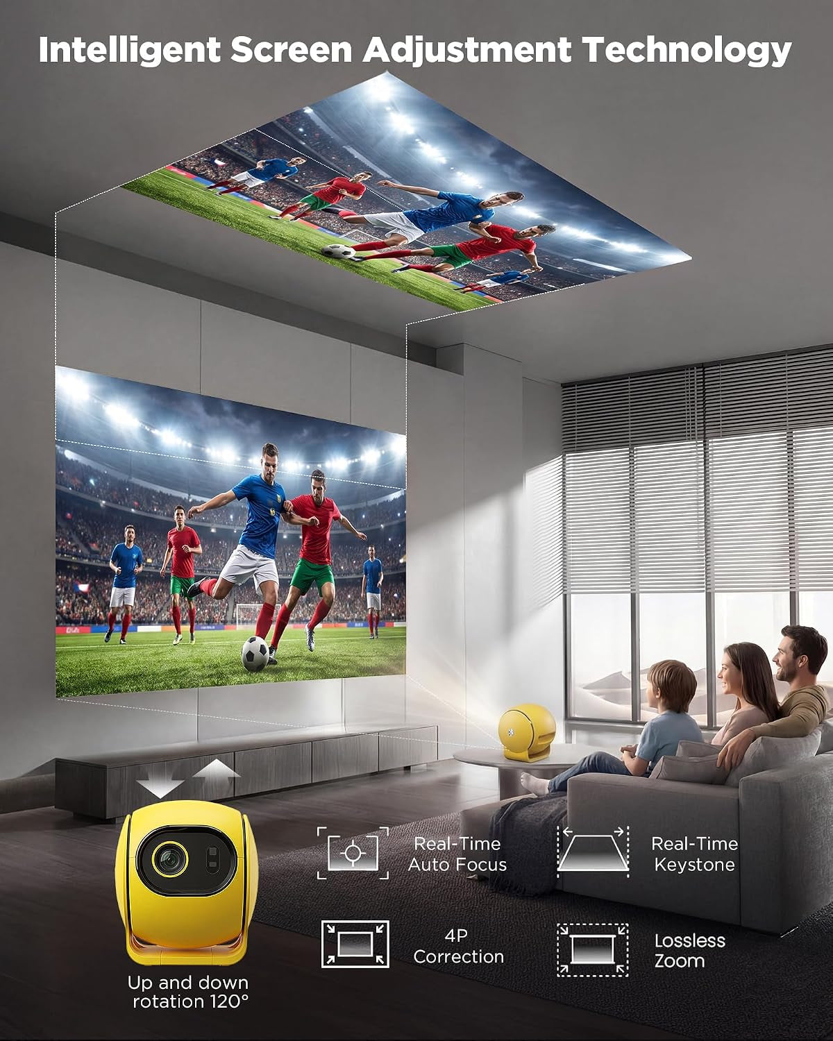 [ Ultra Short Throw & Built-In Apps ] Android 14 Smart Projector with Wifi and Bluetooth, USB-C Powered, 1080P FHD HDR10, Auto Focus/Keystone,  Mini Portable Projector for Bedroom/Outdoor, Yellow
