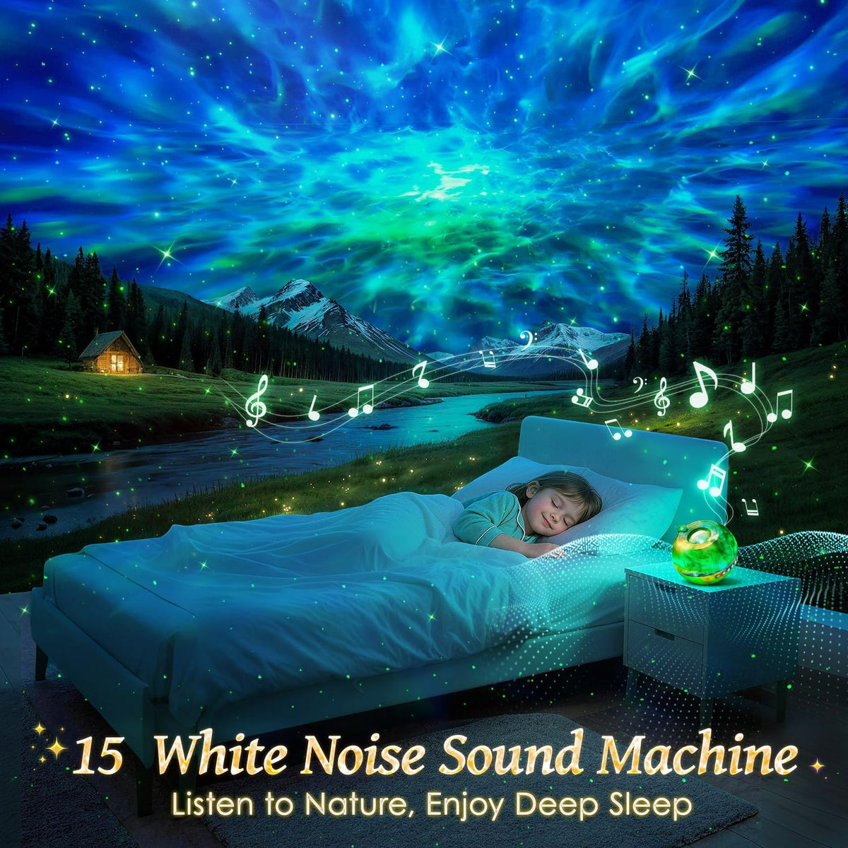 Galaxy Projector Night Light Projector, 15-Color Star Projector for Bedroom | 15 White Noises, 7 Brightness, 4 Speed,Green Star,Bluetooth,Romote,Timer,Teen Boys Gift,Ceiling,Room Decor,Relax,Ocean,Space