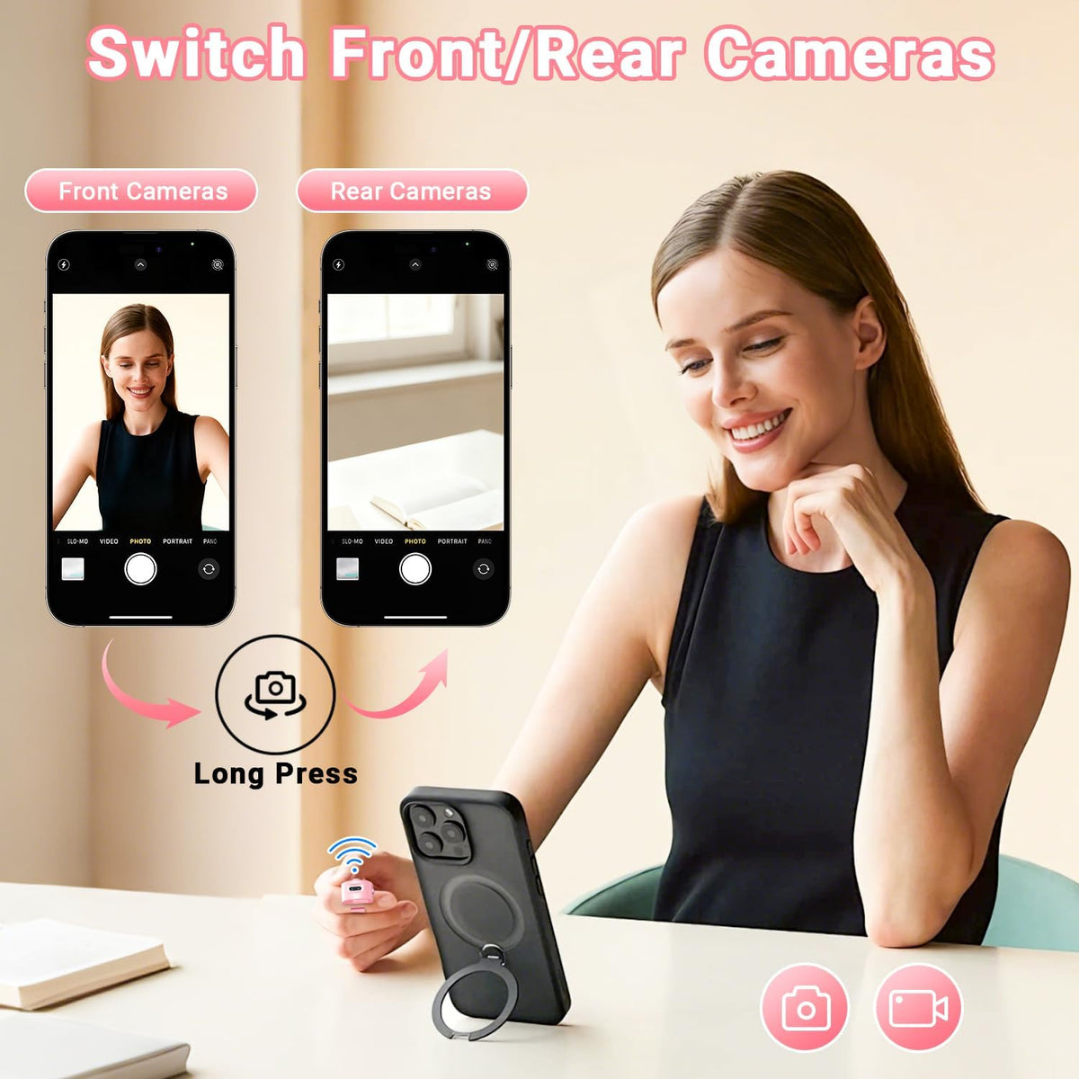 Tiktok Scrolling Ring Remote Control, Page Turner for Ipad Iphone Tablets | Wireless Camera Remote, Bluetooth Scrolling Ring for Tiktok Youtube Instagram Ios Android, Ergonomic Flexible Ring (Pink)