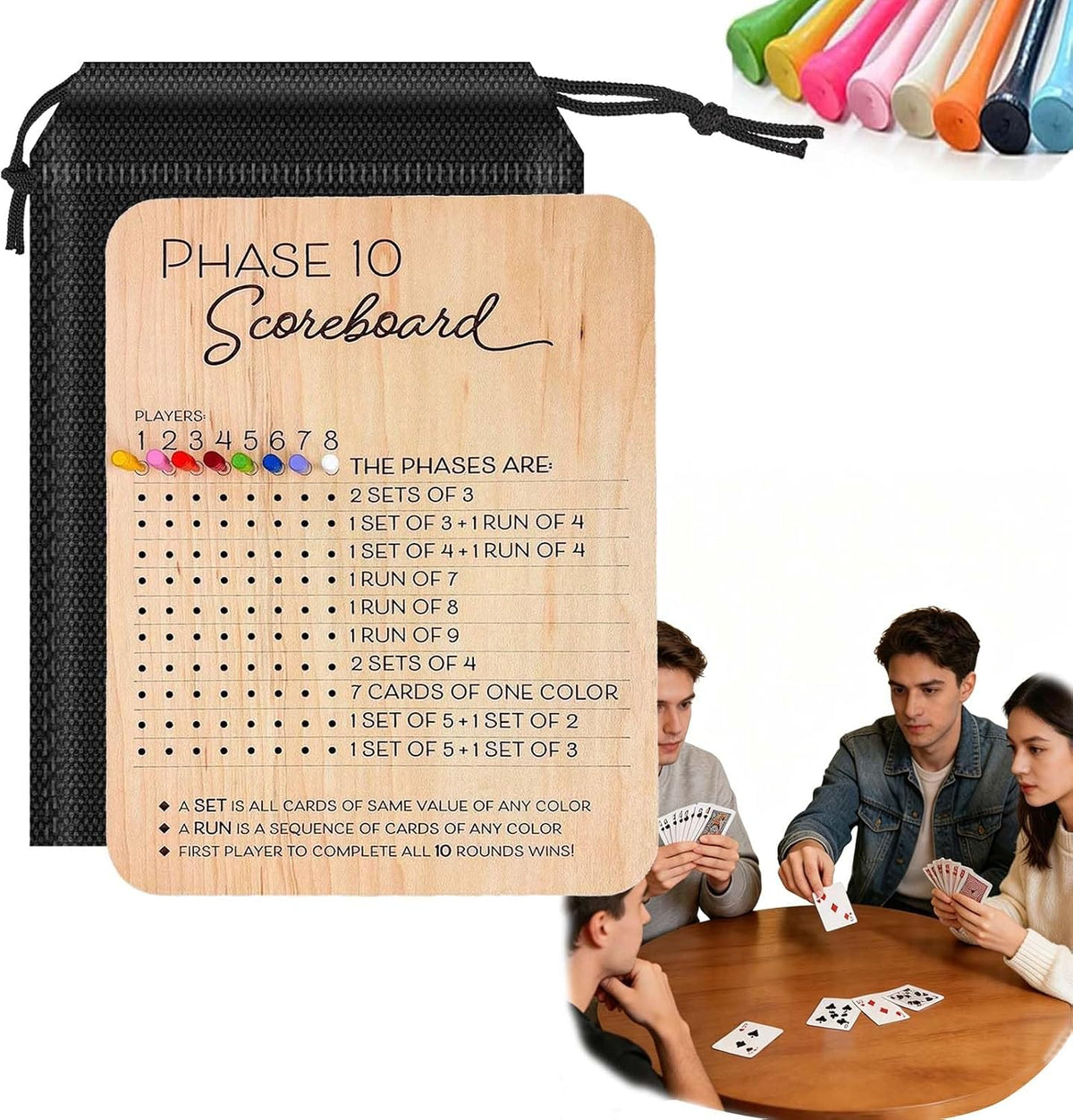 Wooden Phase 10 Score Board with Portable Bag - Phase 10 Card Game with 8 Color Peg, Reusable Travel Score Tracking Board for Family Game Night, Camping or Party – Game Night Accessory for Adults