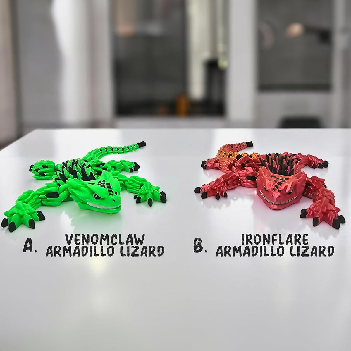 Stylish Articulated Armadillo Lizard - 3D Printed - Vibrant Hues, Calming Fidget Figurine for ADHD, Playful Reptile Model for Trendy Desks, Homes, Displays, Smooth Joint Movement (RED/GOLD IRONFLARE)