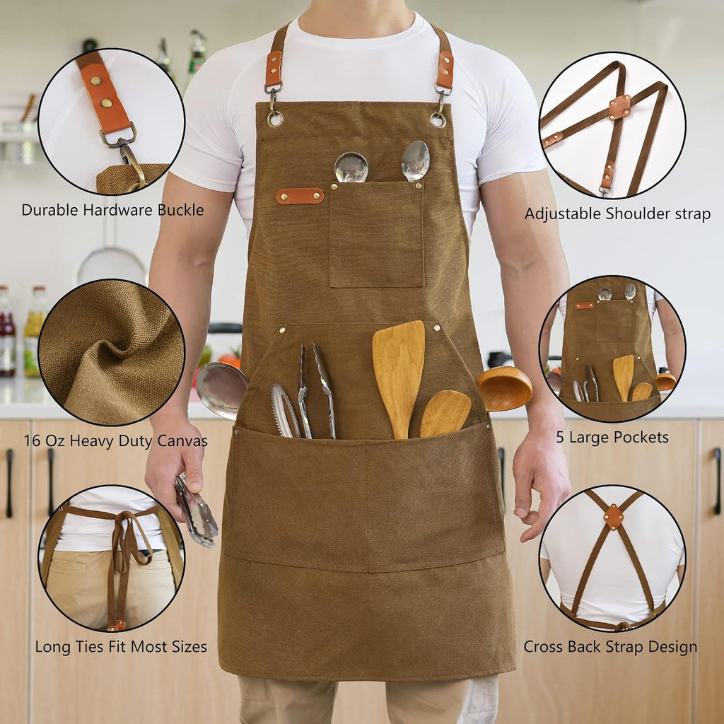 Canvas Aprons for Men Women, Heavy Duty BBQ Apron with Pockets | 100% Cotton Canvas, 16Oz Adjustable Cross Back Apron with Hardware Buckle, 32" X 27" Full Coverage, for Kitchen Grilling
