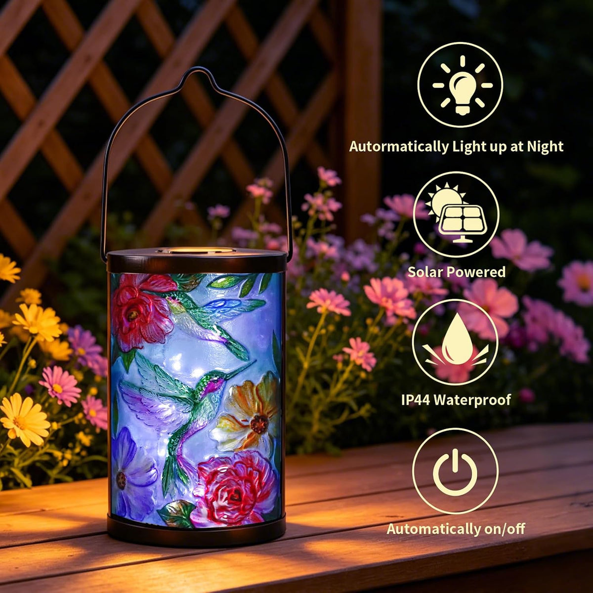 Hummingbird Solar Lantern Waterproof Outdoor Hanging Garden Light | Raised Hummingbird Artwork, Colorful Fused Glass, Warm Dusk Glow, Solar Auto On/Off, Hangs or Stands on Patio and Porch