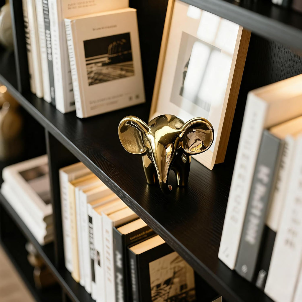 Elephant Figurine, Ceramic Elephant Statue with Metallic Mirror Finish, Modern Shelf & Table Decor, Good Luck Housewarming Gift for Living Room or Office (Female, Gold)