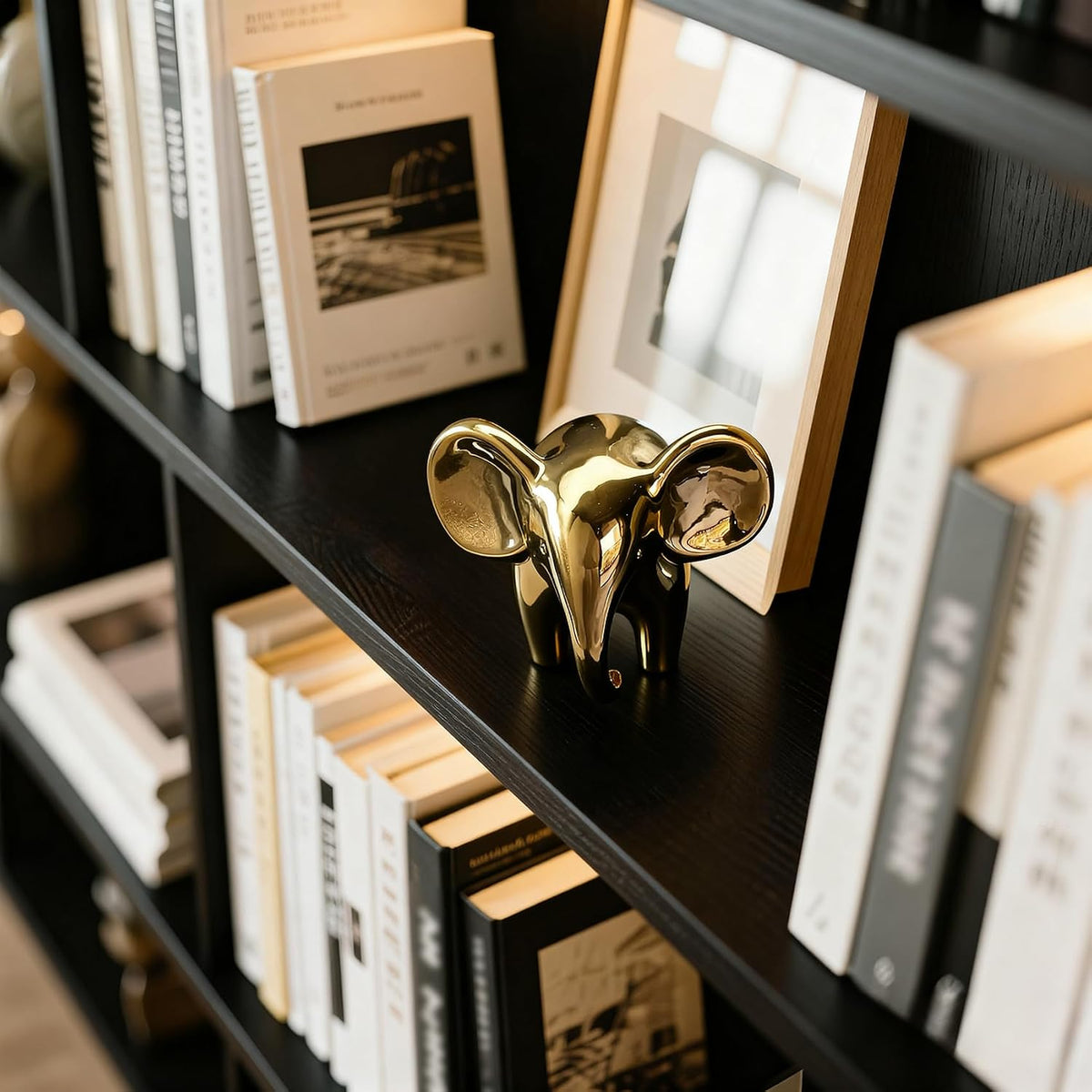 Elephant Figurine, Ceramic Elephant Statue with Metallic Mirror Finish, Modern Shelf & Table Decor, Good Luck Housewarming Gift for Living Room or Office (Female, Gold)