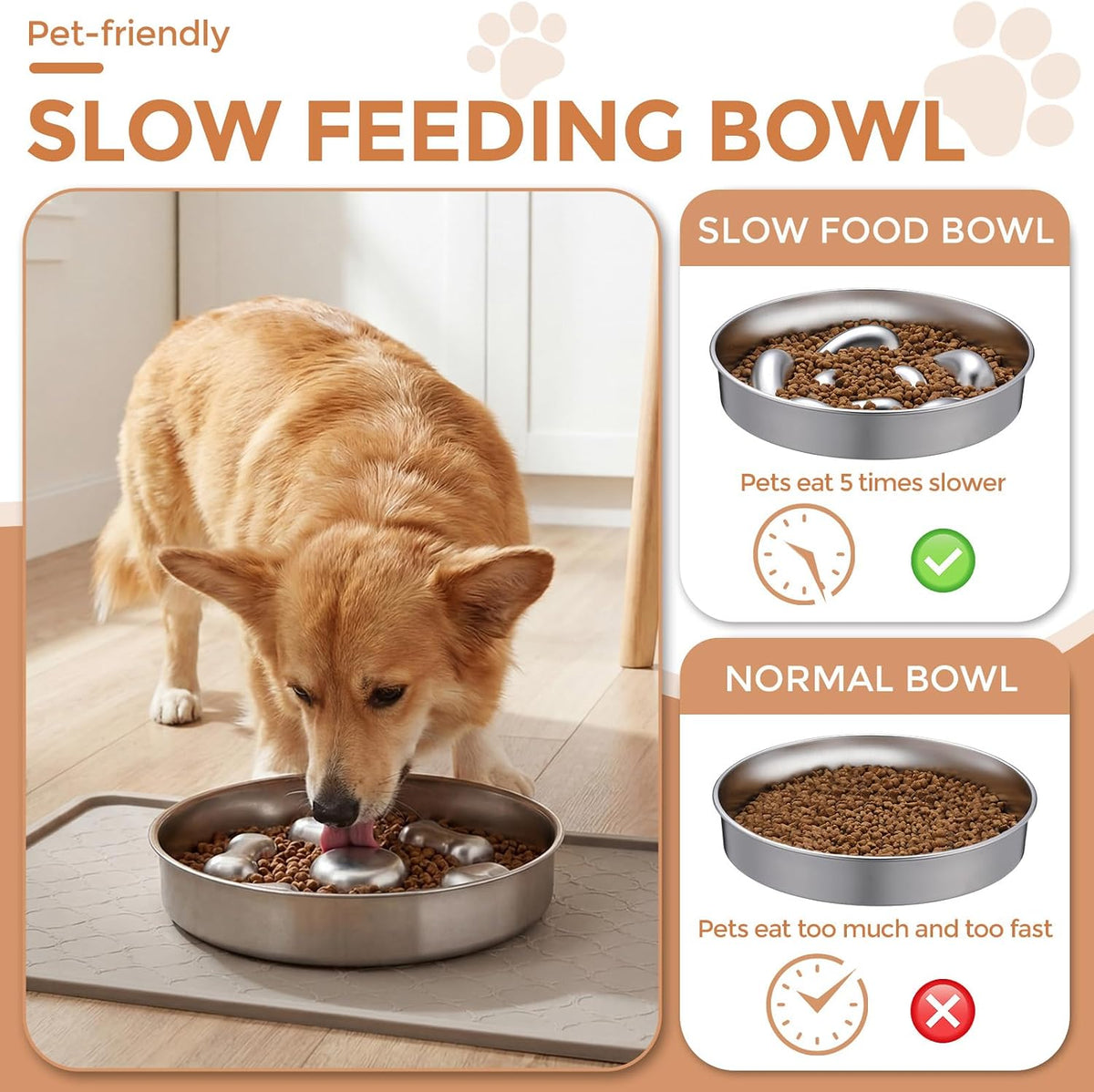 2 Pack Stainless Steel Slow Feeder Bowls for Dogs Cats, 3 Cups Heavy Duty Large Capacity Slow Feed, Durable Chew Proof Design for Fast Eaters, Anxiety Relief, Calm Feeding, Dishwasher Safe