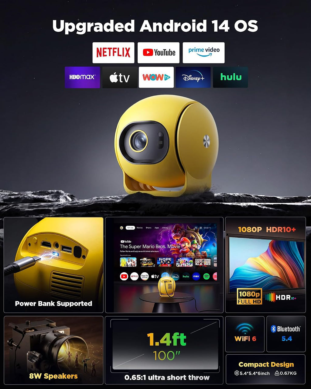 [ Ultra Short Throw & Built-In Apps ] Android 14 Smart Projector with Wifi and Bluetooth, USB-C Powered, 1080P FHD HDR10, Auto Focus/Keystone,  Mini Portable Projector for Bedroom/Outdoor, Yellow