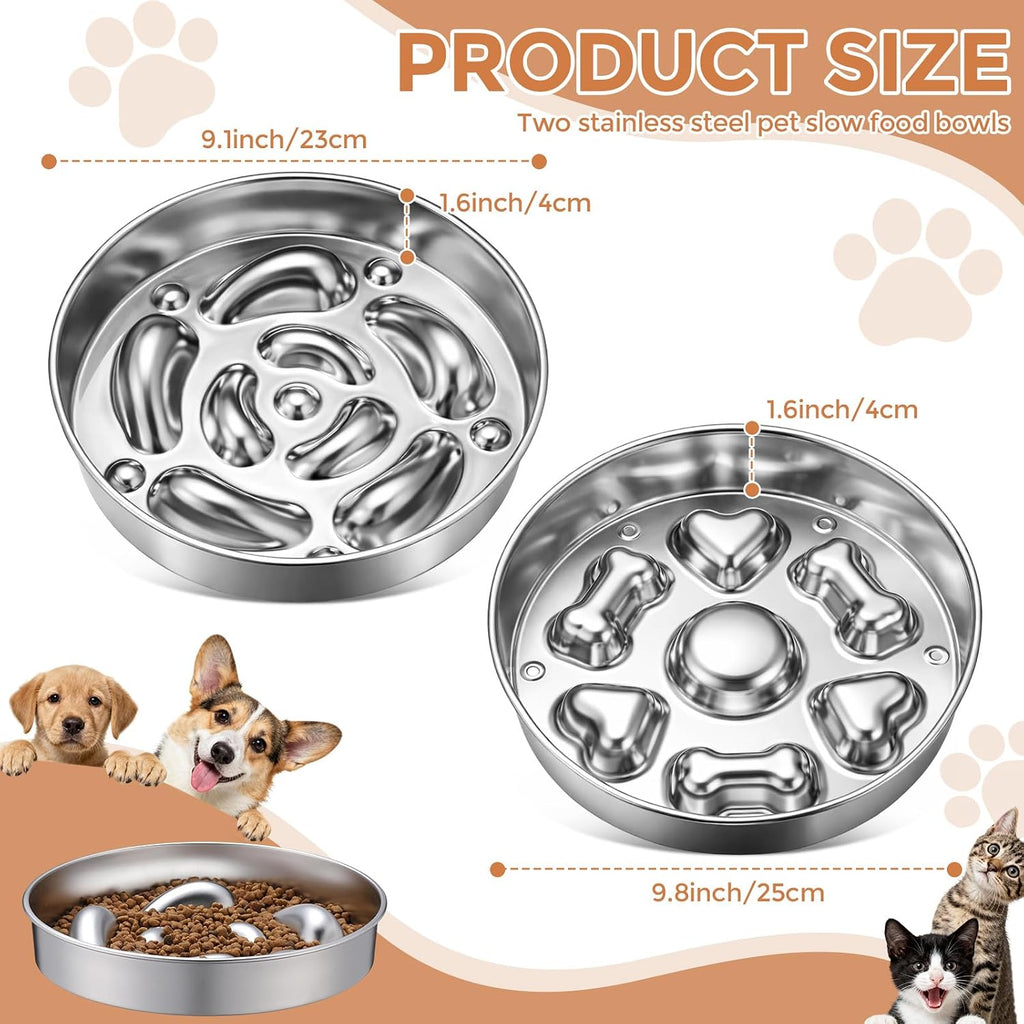 2 Pack Stainless Steel Slow Feeder Bowls for Dogs Cats, 3 Cups Heavy Duty Large Capacity Slow Feed, Durable Chew Proof Design for Fast Eaters, Anxiety Relief, Calm Feeding, Dishwasher Safe