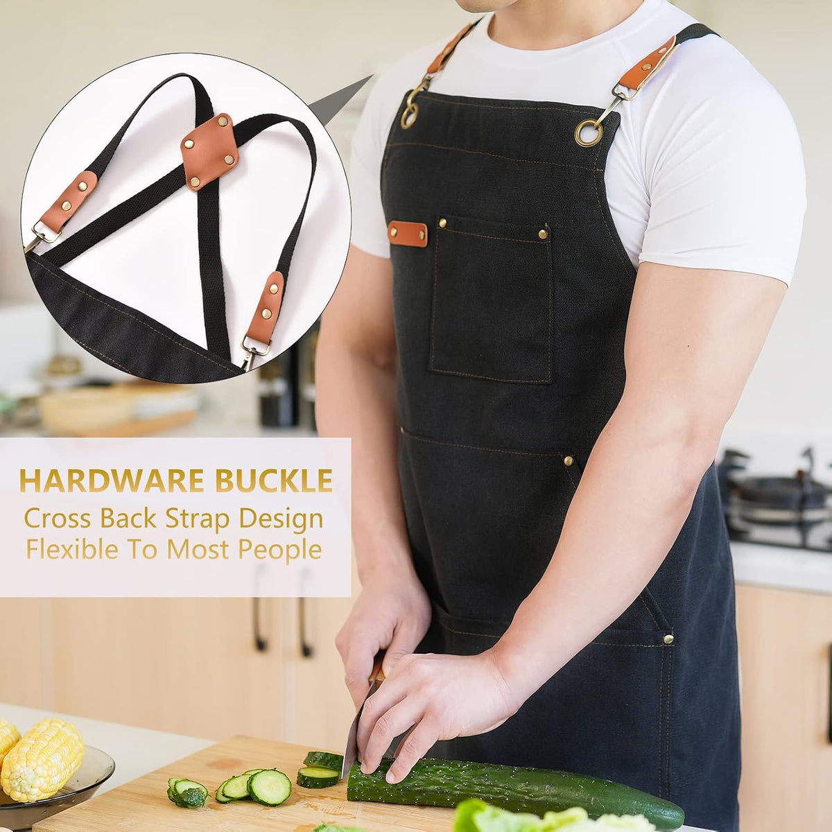 Canvas Aprons for Men Women, Heavy Duty BBQ Apron with Pockets | 100% Cotton Canvas, 16Oz Adjustable Cross Back Apron with Hardware Buckle, 32" X 27" Full Coverage, for Kitchen Grilling
