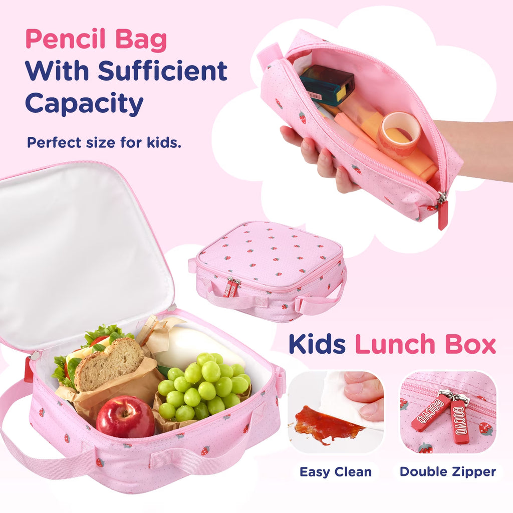 Kids Backpack for Girls, Waterproof Teens Bookbag Cute School Backpacks, Pink Strawberry Pattern