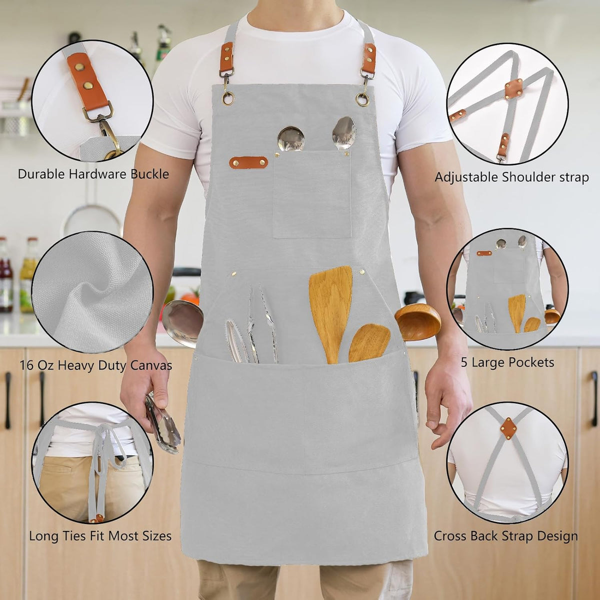 Canvas Aprons for Men Women, Heavy Duty BBQ Apron with Pockets | 100% Cotton Canvas, 16Oz Adjustable Cross Back Apron with Hardware Buckle, 32" X 27" Full Coverage, for Kitchen Grilling