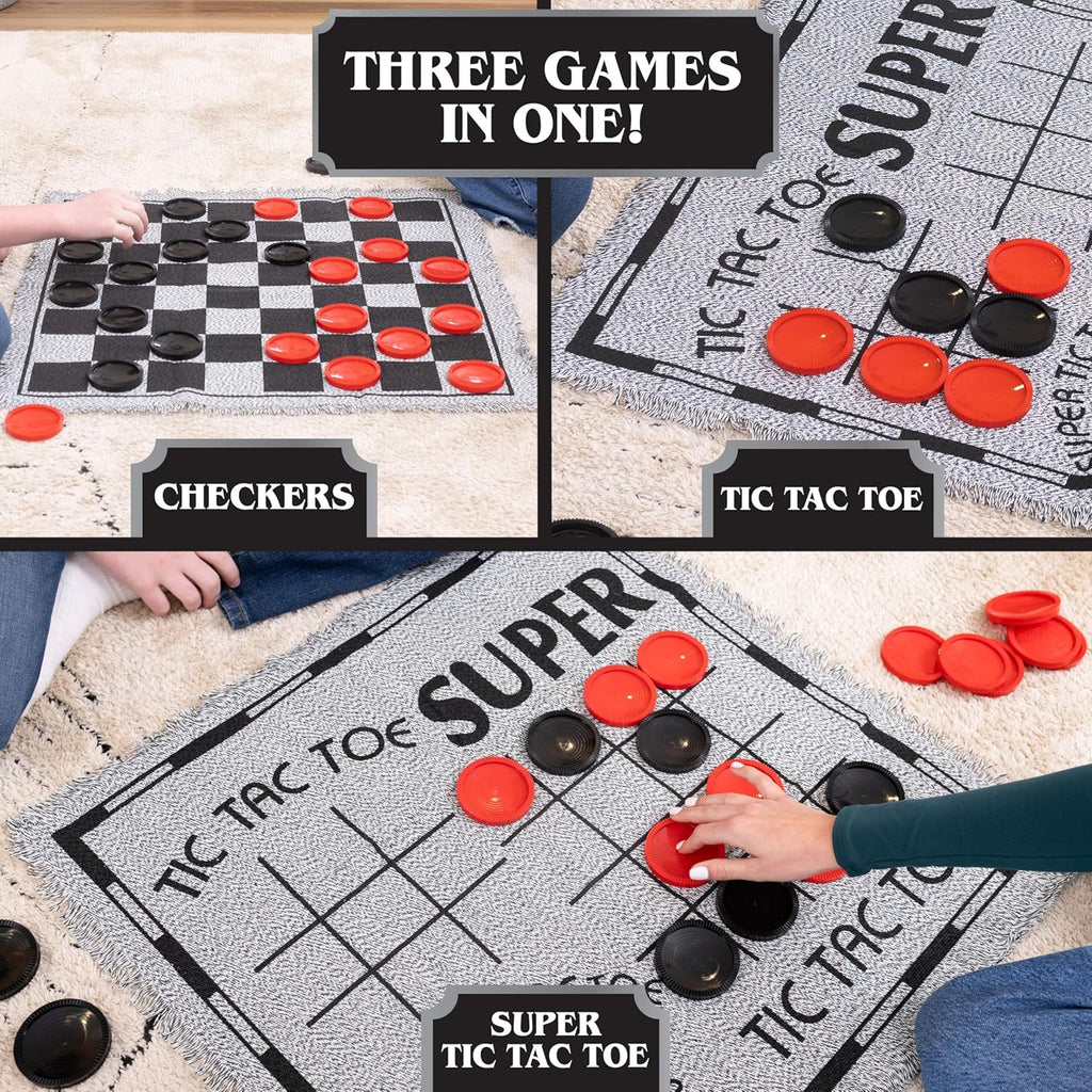 Giant Checkers Set - 3-In-1 with Reversible Mat - Ages 6+ | 28 in Play Surface, 25 Jumbo Pieces, Plastic Construction, Includes Storage Bag, 2 Player Game, 26 X 26 in Board