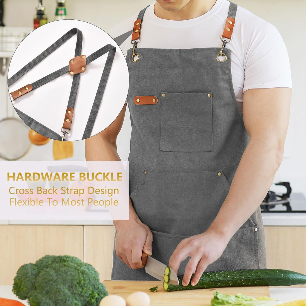 Canvas Aprons for Men Women, Heavy Duty BBQ Apron with Pockets | 100% Cotton Canvas, 16Oz Adjustable Cross Back Apron with Hardware Buckle, 32" X 27" Full Coverage, for Kitchen Grilling