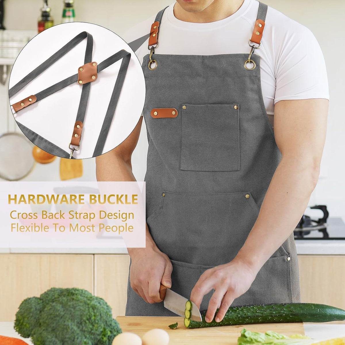 Canvas Aprons for Men Women, Heavy Duty BBQ Apron with Pockets | 100% Cotton Canvas, 16Oz Adjustable Cross Back Apron with Hardware Buckle, 32" X 27" Full Coverage, for Kitchen Grilling