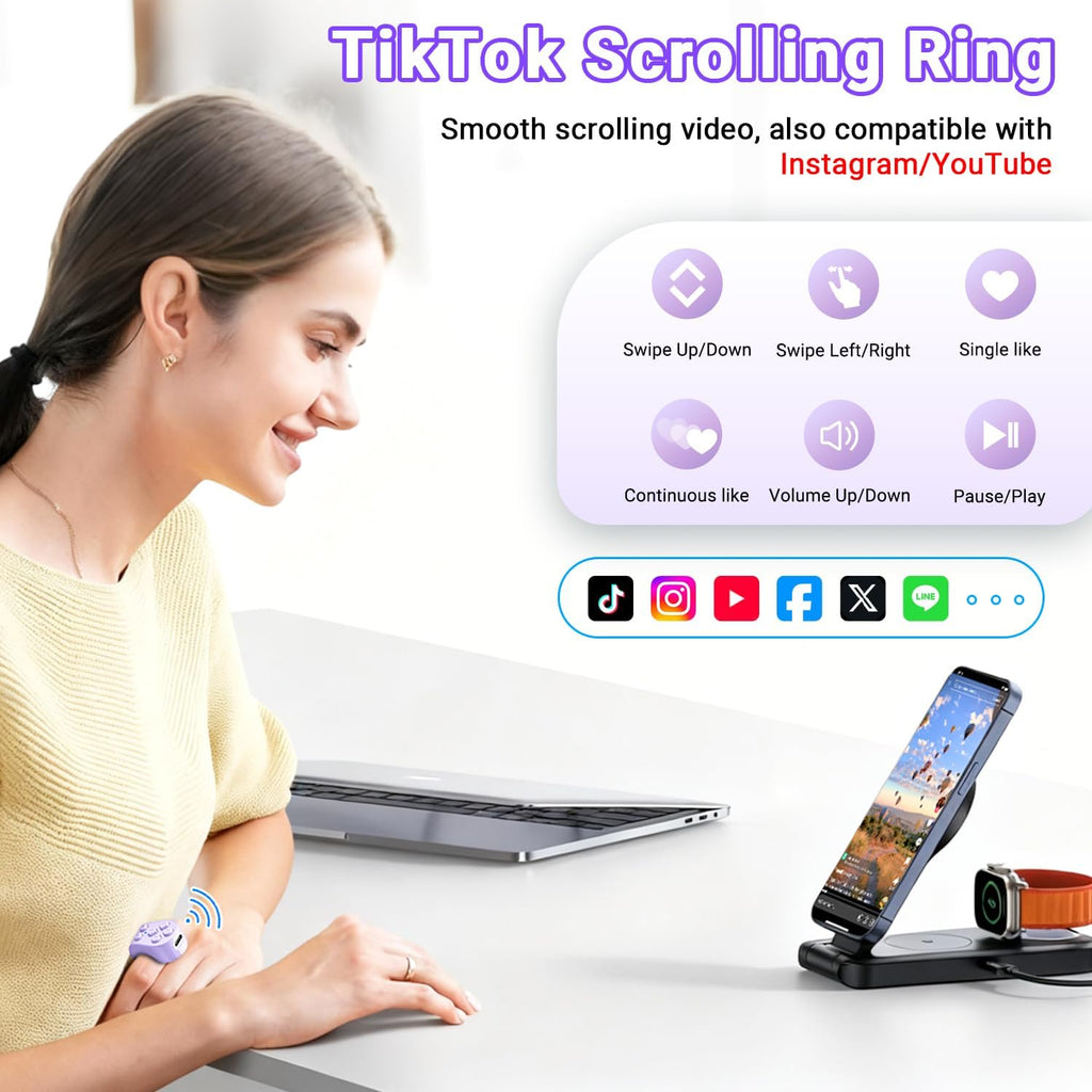 Tiktok Scrolling Ring Remote Control, Page Turner for Ipad Iphone Tablets | Wireless Camera Remote, Bluetooth Scrolling Ring for Tiktok Youtube Instagram Ios Android, Ergonomic Flexible Ring (Purple)