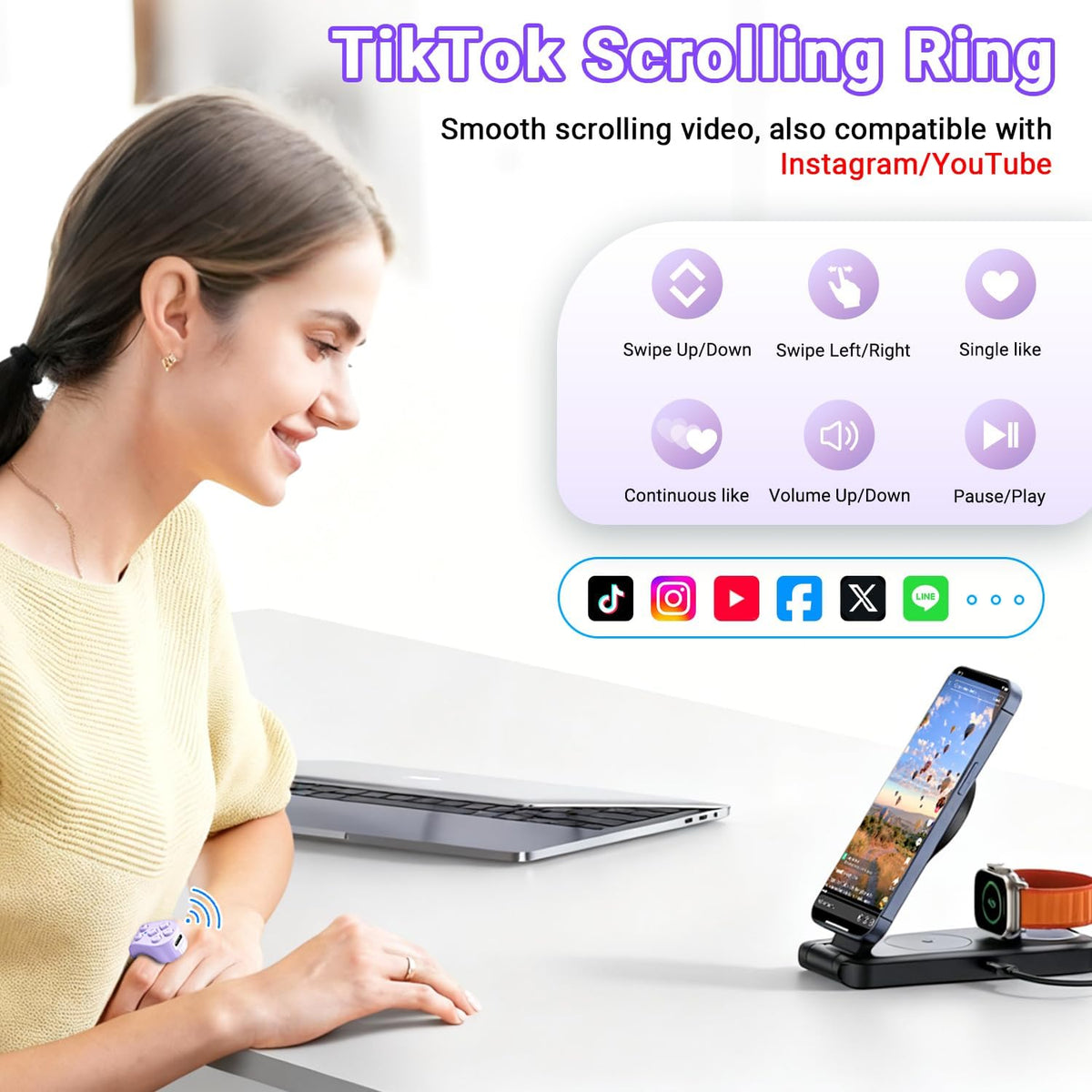 Tiktok Scrolling Ring Remote Control, Page Turner for Ipad Iphone Tablets | Wireless Camera Remote, Bluetooth Scrolling Ring for Tiktok Youtube Instagram Ios Android, Ergonomic Flexible Ring (Purple)