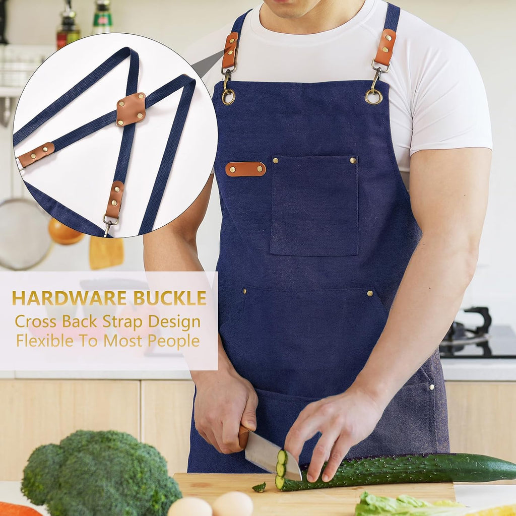 Canvas Aprons for Men Women, Heavy Duty BBQ Apron with Pockets | 100% Cotton Canvas, 16Oz Adjustable Cross Back Apron with Hardware Buckle, 32" X 27" Full Coverage, for Kitchen Grilling
