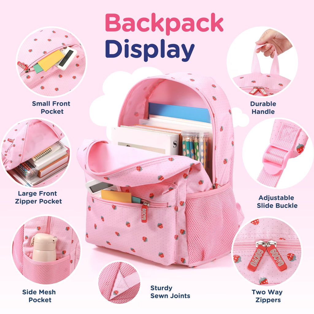 Kids Backpack for Girls, Waterproof Teens Bookbag Cute School Backpacks, Pink Strawberry Pattern