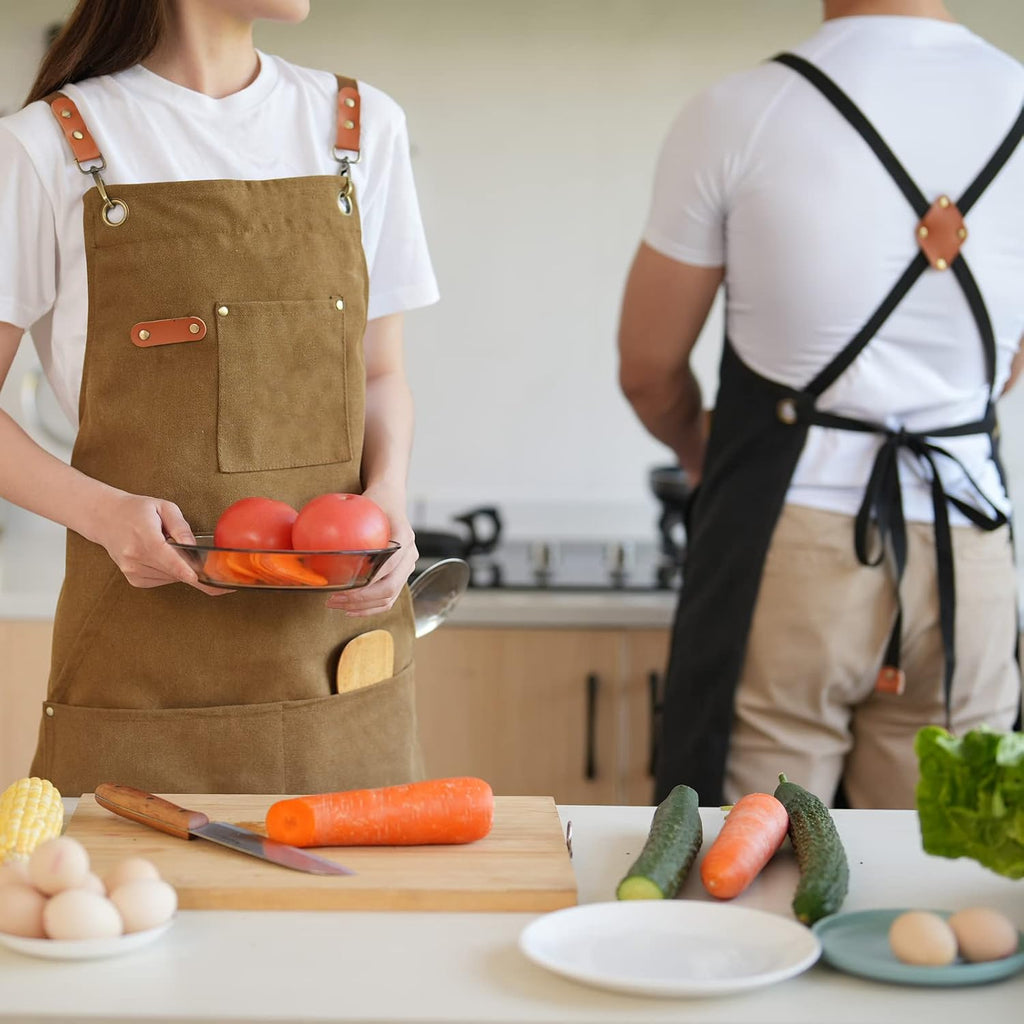 Canvas Aprons for Men Women, Heavy Duty BBQ Apron with Pockets | 100% Cotton Canvas, 16Oz Adjustable Cross Back Apron with Hardware Buckle, 32" X 27" Full Coverage, for Kitchen Grilling