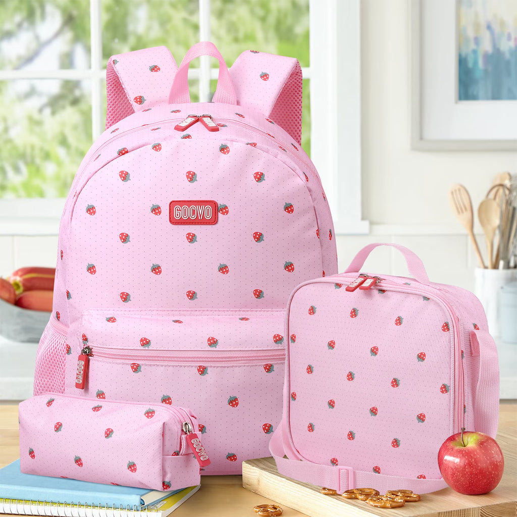 Kids Backpack for Girls, Waterproof Teens Bookbag Cute School Backpacks, Pink Strawberry Pattern