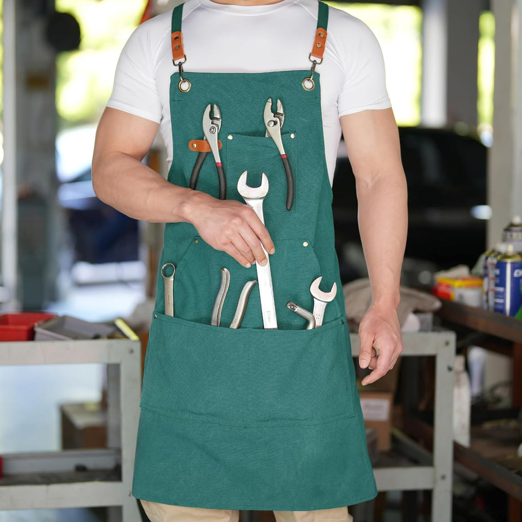 Canvas Aprons for Men Women, Heavy Duty BBQ Apron with Pockets | 100% Cotton Canvas, 16Oz Adjustable Cross Back Apron with Hardware Buckle, 32" X 27" Full Coverage, for Kitchen Grilling