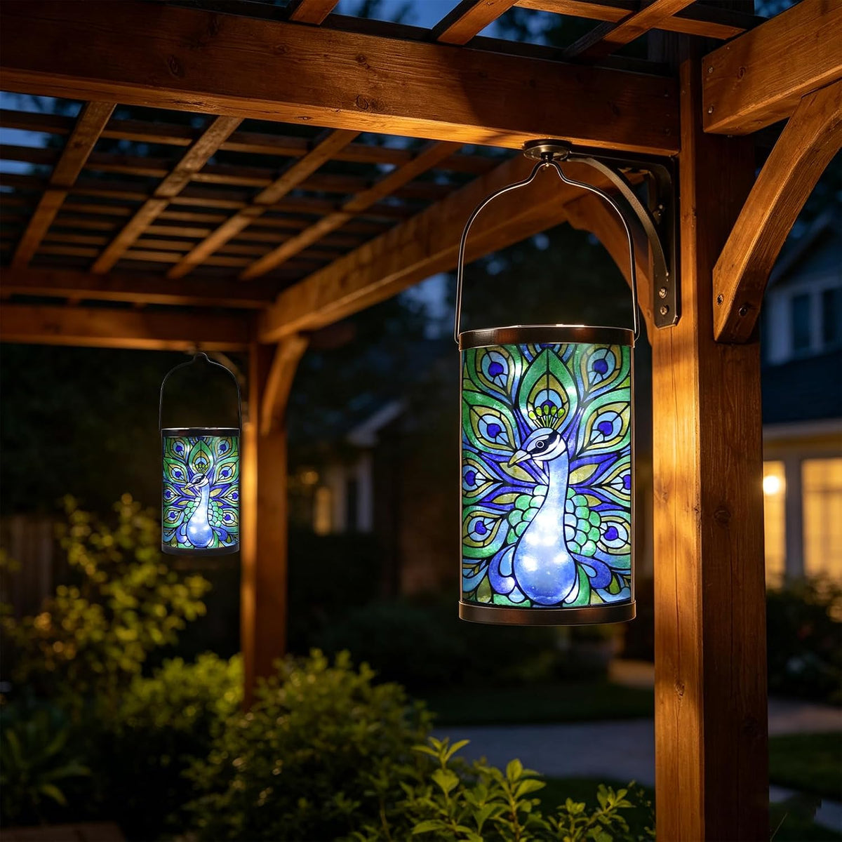 Peacock Glass Solar Lantern Waterproof Outdoor Hanging Garden Light | Raised Peacock Artwork, Colorful Fused Glass, Warm Dusk Glow, Solar Auto On/Off, Hangs or Stands on Patio, Porch and Garden