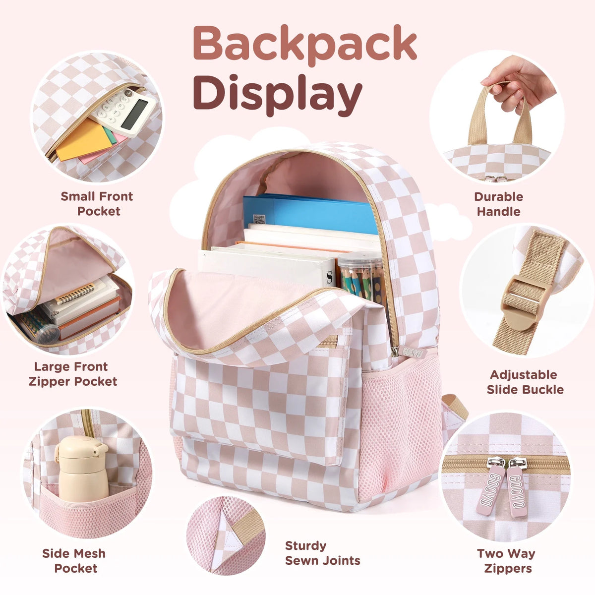 Kids Backpack for Girls, Waterproof Teens Bookbag Cute School Backpacks, Checkered Pattern