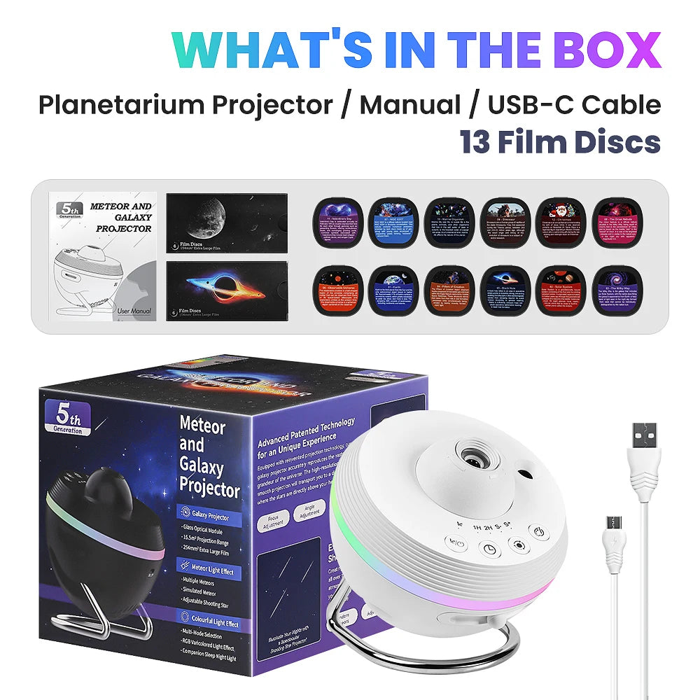 Galaxy Projector, 13 in 1 Meteor HD Planetarium Star Projector, 360° Rotating Extra-Large Area, Timed Starry Night Light for Bed